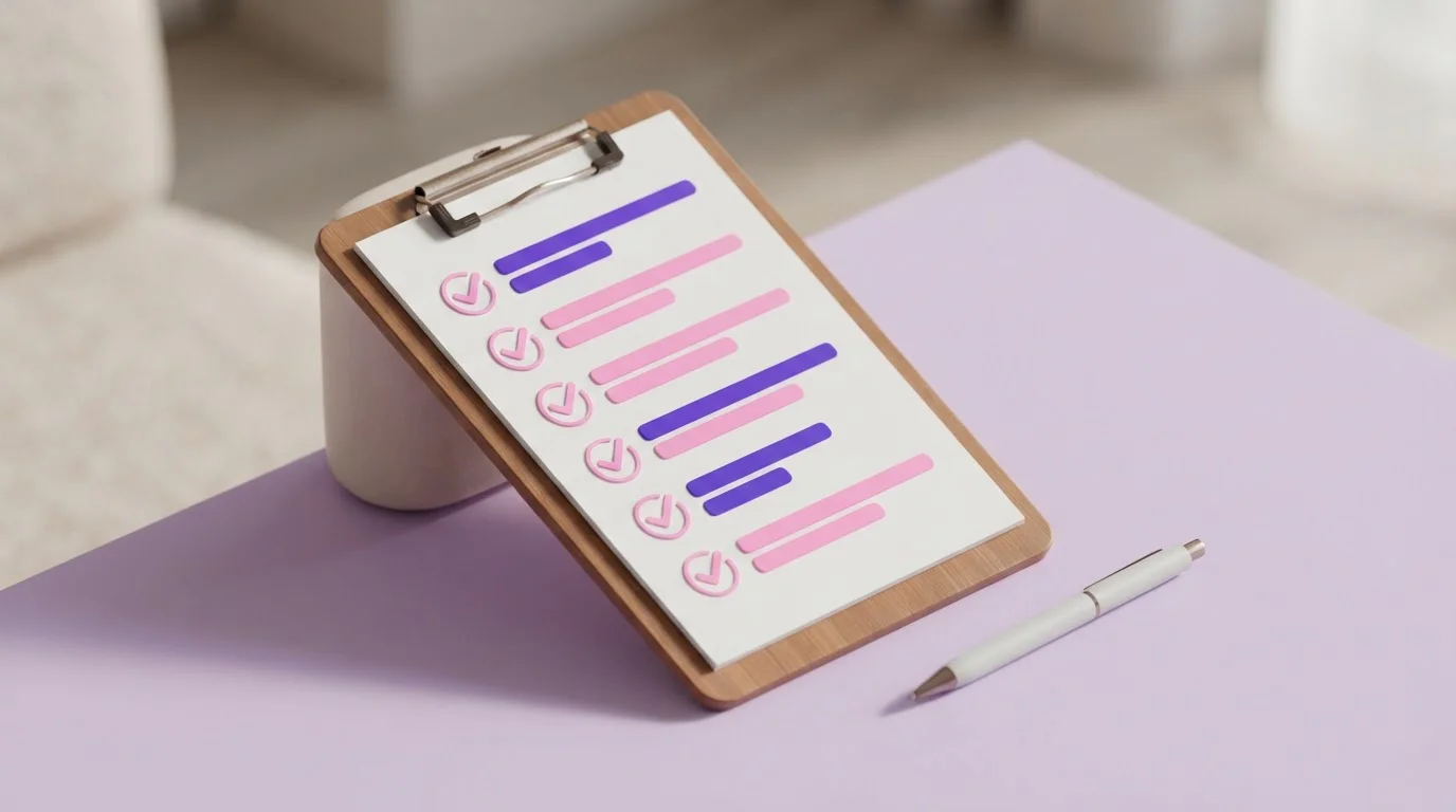 Klemmbrett mit mehreren abgehakten Zeilen und einem Stift