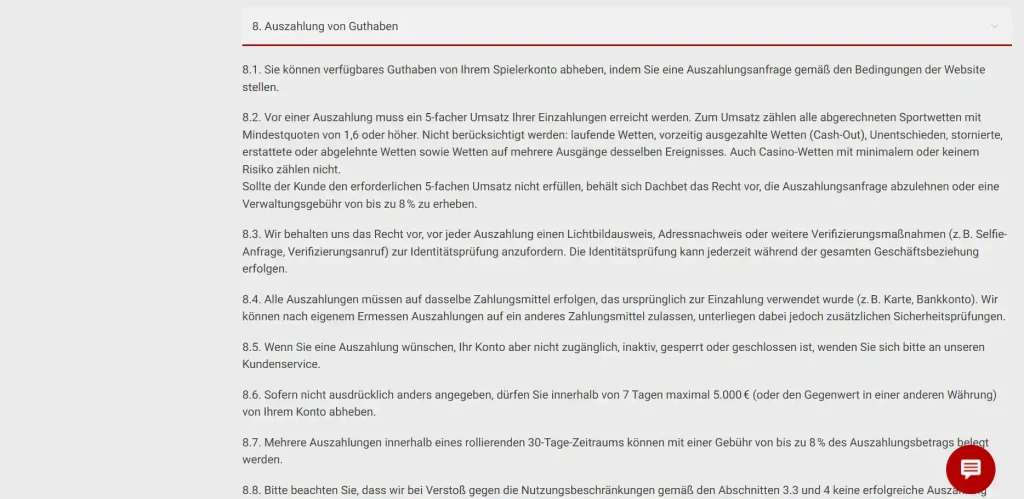 Zahlungsbereich von Dachbet mit Einzahlungs- und Auszahlungsansicht