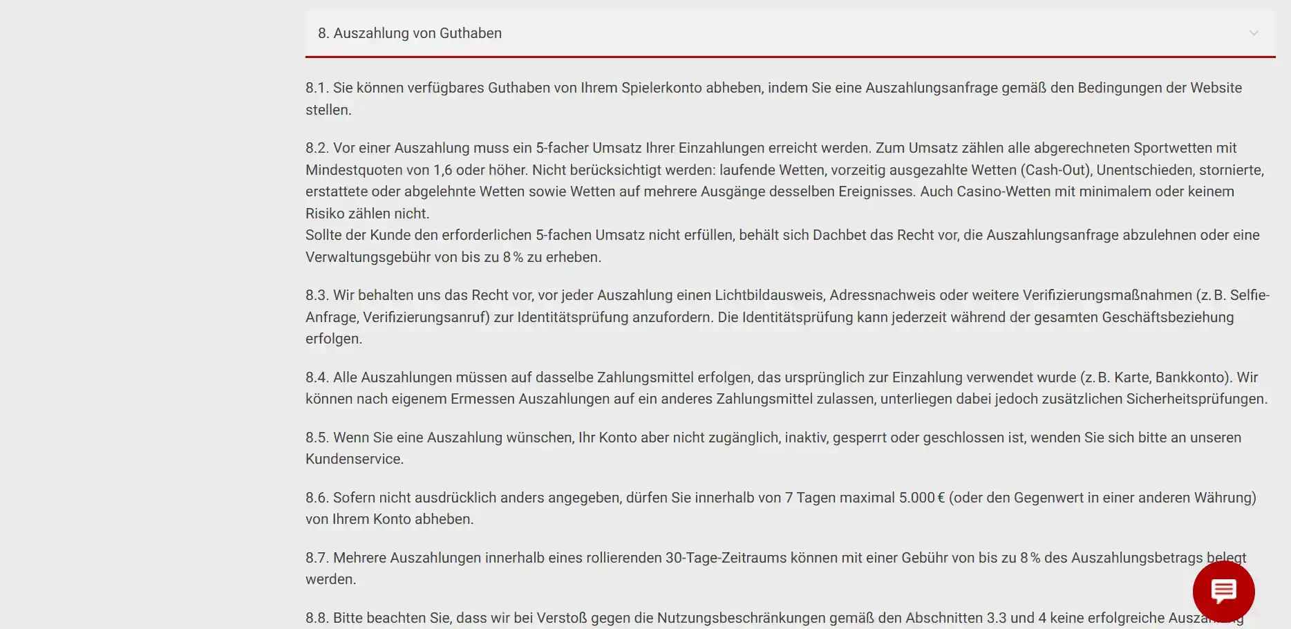 Zahlungsbereich von Dachbet mit Einzahlungs- und Auszahlungsansicht