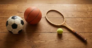 Fußball, Tennisball, Basketball und Eishockey-Puck auf einem Holztisch