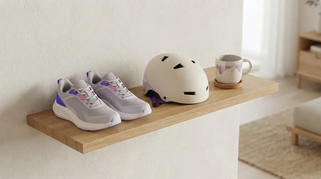 Sportschuhe, Fahrradhelm und Tasse in einem Regal