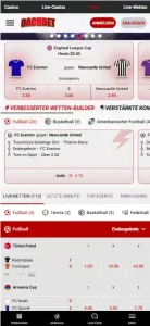 Mobiler Sportwettenbereich von Dachbet mit Wettmärkten im Smartphone-Browser