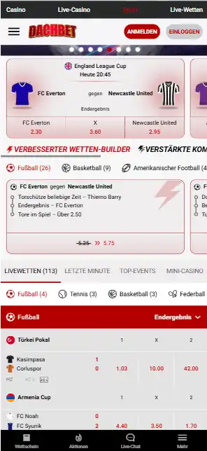 Mobiler Sportwettenbereich von Dachbet mit Wettmärkten im Smartphone-Browser